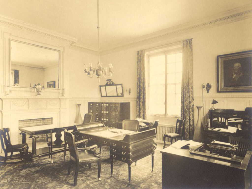 The desk or writing table for the use of the Vice President General in Charge of Organization of Chapters is a replica of that used by General Washington in Federal Hall, NY.