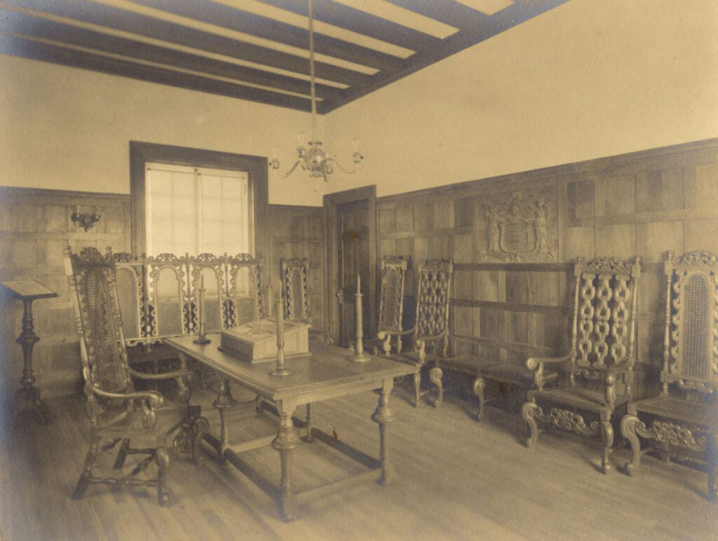 Iron, hand-beaten and wrought from the anchor from the Augusta, was used in making the candelabrum and the chandelier.