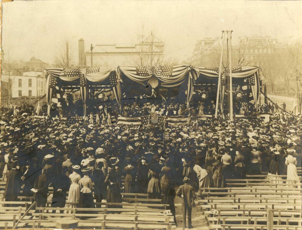 The gavel used during the ceremony was that which George Washington used when laying the cornerstone of the National Capitol in 1793.