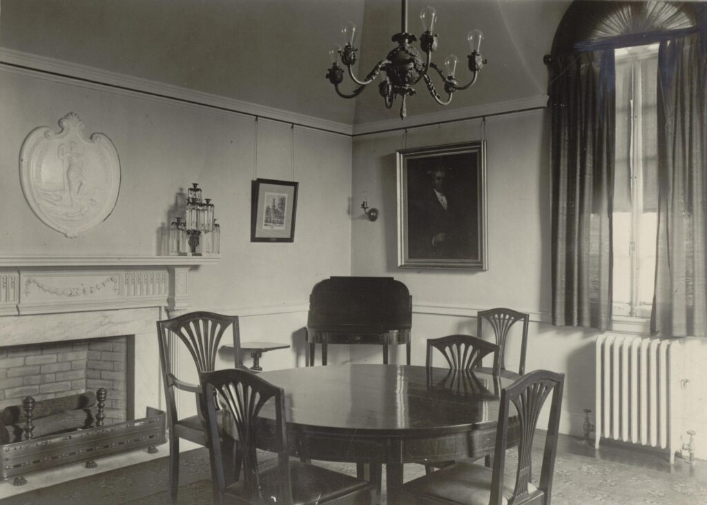 The room contains a gilt framed portrait of Dolly Madison was loaned by the Dolly Madison Chapter, as were a mahogany framed etching of Christ Church, Alexandria, was presented by Fairfax County Chapter and a mahogany framed miniature of Patrick Henry was given by the Commonwealth Chapter.