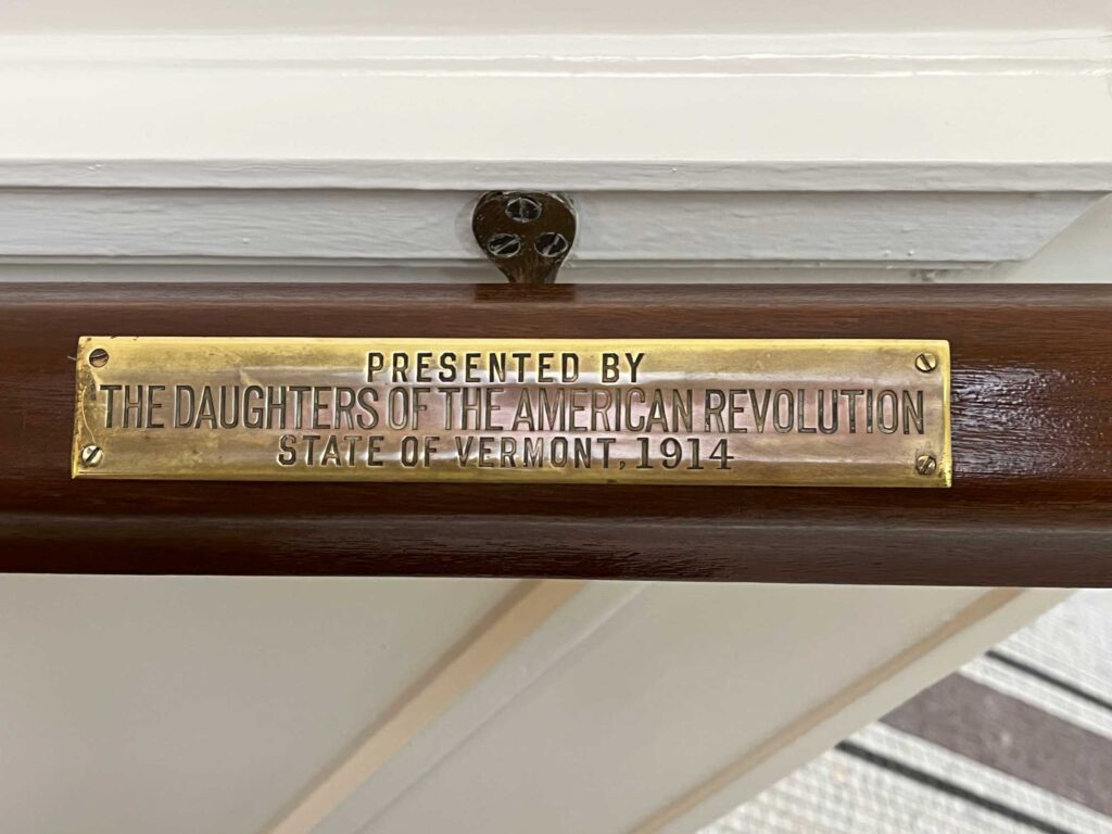 In April, 1914, the Vermont Daughters placed mahogany side rails on each stairway, extending from the first to second floor.