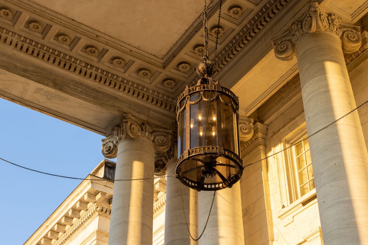 Fixture hanging from the Memorial Portico. The Art Deco movement influenced lighting design with geometric shapes and bold colors, while Mid-Century Modern designs emphasized functionality and clean lines, often incorporating new materials like steel and glass.